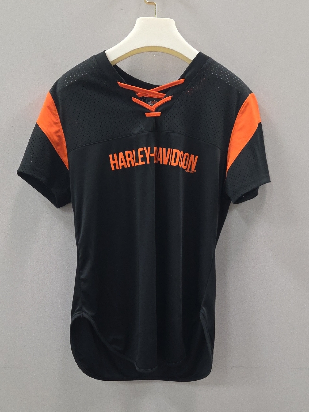 Harley-Davidson Black Tee with Orange Accents and Lace-Up Neck